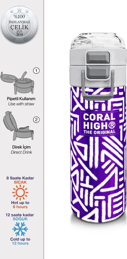Kids Mor Beyaz Geometrik Desenli Pipetli ve Direkt İçim Çelik Termos 500 ml 31883