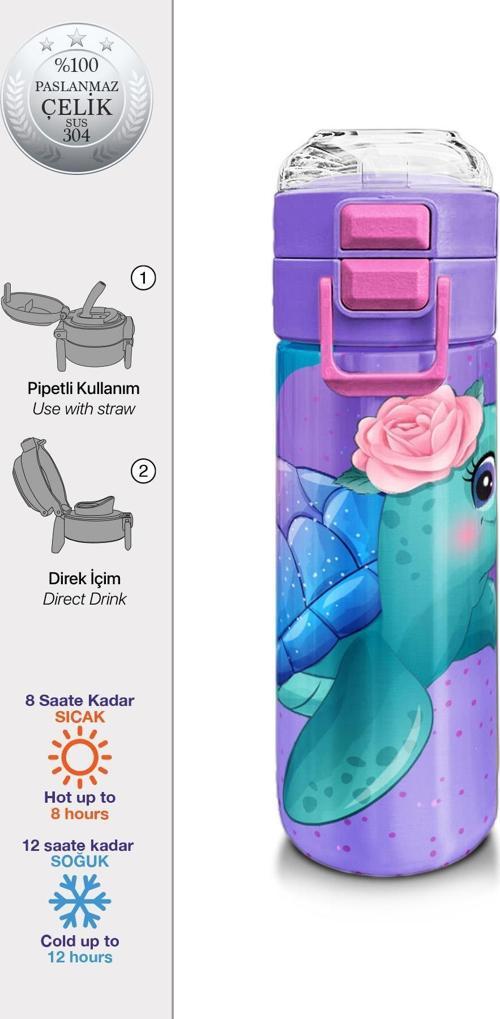 Kids Açık Pembe Mavi Kaplumbağa Desenli Pipetli ve Direkt İçim Çelik Termos 500 ml 31808