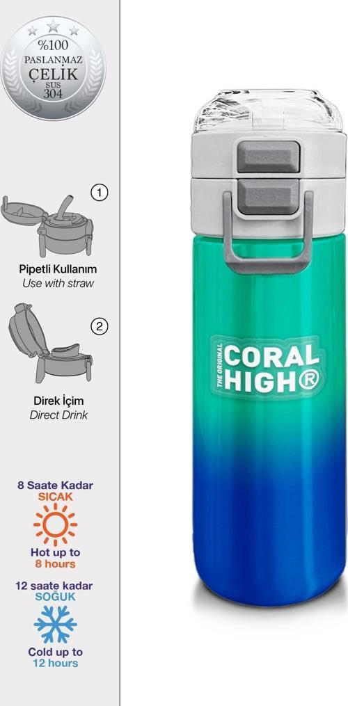 Kids Yeşil Saks Renk Geçişli Pipetli ve Direkt İçim Çelik Termos 500 ml 31839