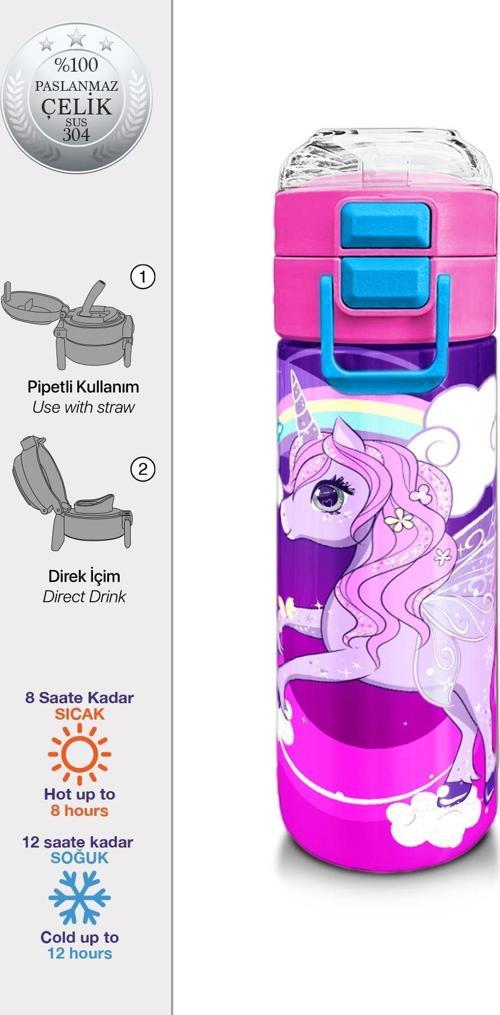 Kids Mor Pembe Unicorn Desenli Pipetli ve Direkt İçim Çelik Termos 500 ml 31923