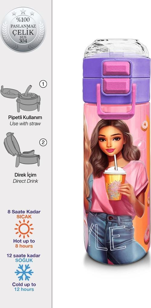 Kids Pembe Mercan Fashion Girl Desenli Pipetli ve Direkt İçim Çelik Termos 500 ml 31869