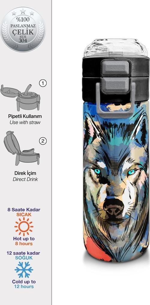 Kids Gri Siyah Kurt Desenli Pipetli ve Direkt İçim Çelik Termos 500 ml 31832