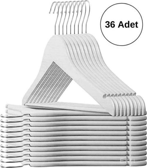 36 Adet - Ahşap Görünümlü Plastik Kıyafet Ve Elbise Askısı Beyaz