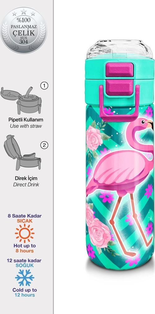 Kids Su Yeşili Pembe Flamingo Desenli Pipetli ve Direkt İçim Çelik Termos 500 ml 31820