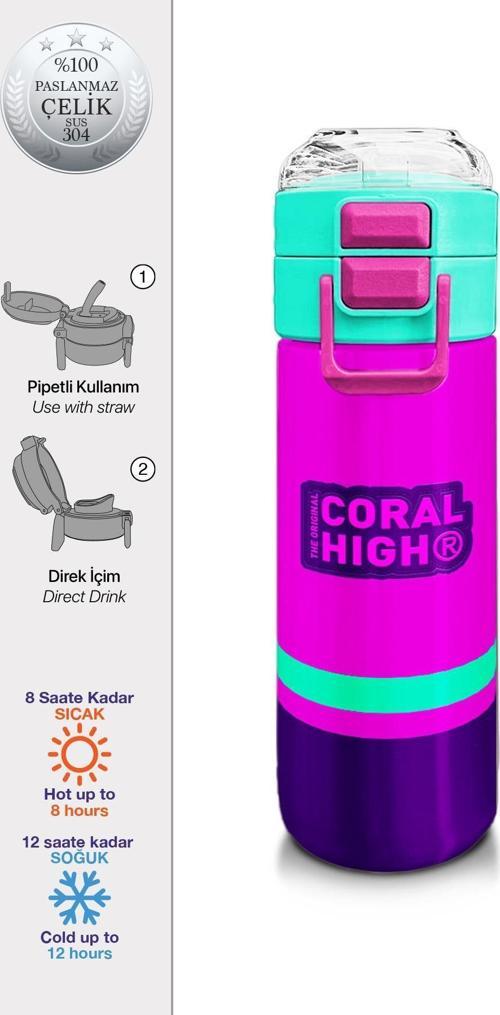 Kids Pembe Su Yeşili Pipetli ve Direkt İçim Çelik Termos 500 ml 31829