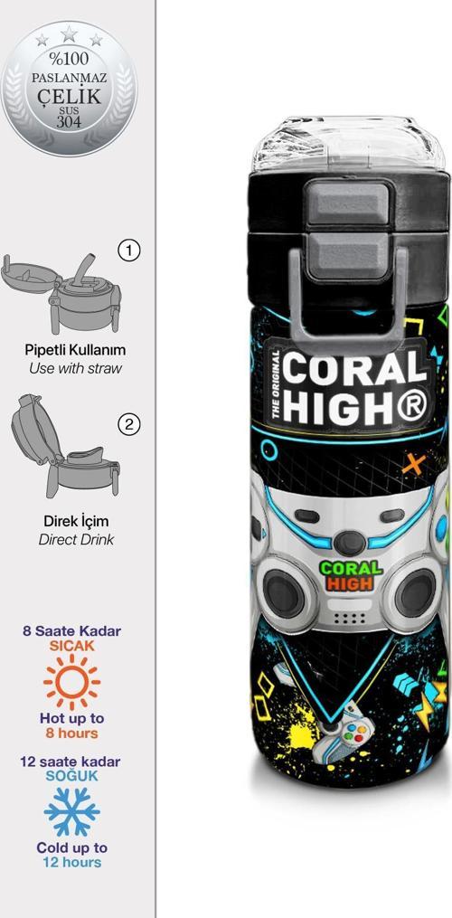 Kids Siyah Fosforlu Yeşil Gamer Desenli Pipetli ve Direkt İçim Çelik Termos 500 ml 31817