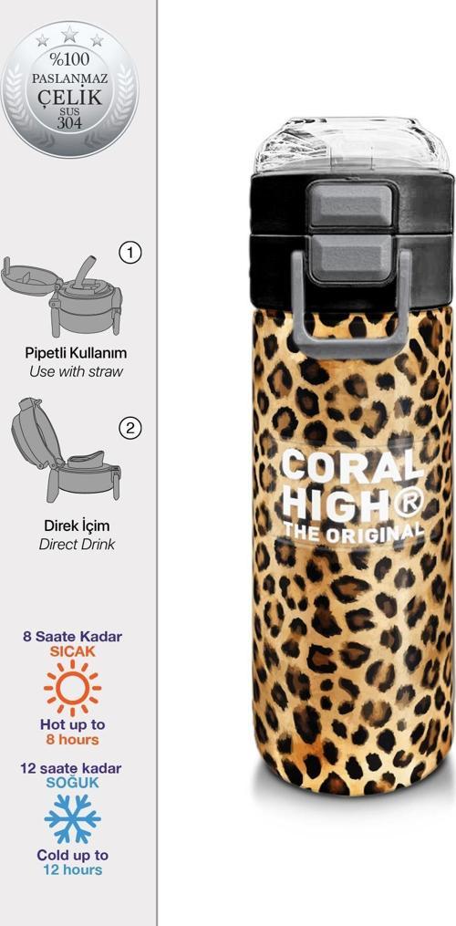 Kids Kahverengi Leopar Desenli Pipetli ve Direkt İçim Çelik Termos 500 ml 31881