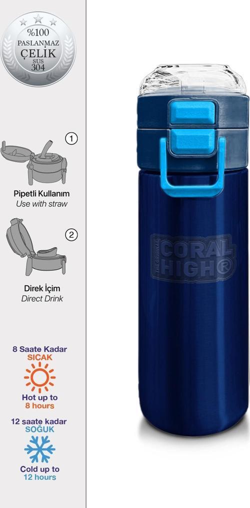 Kids Lacivert Mavi Pipetli ve Direkt İçim Çelik Termos 500 ml 31828