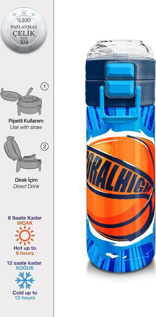 Kids Lacivert Mavi Basketbol Desenli Pipetli ve Direkt İçim Çelik Termos 500 ml 31833