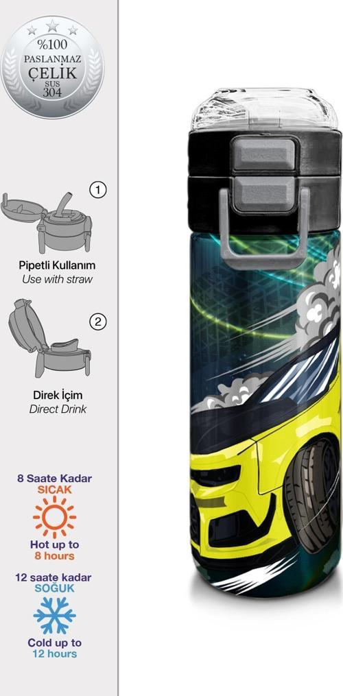 Kids Nefti Fosforlu Sarı Araba Desenli Pipetli ve Direkt İçim Çelik Termos 500 ml 31834