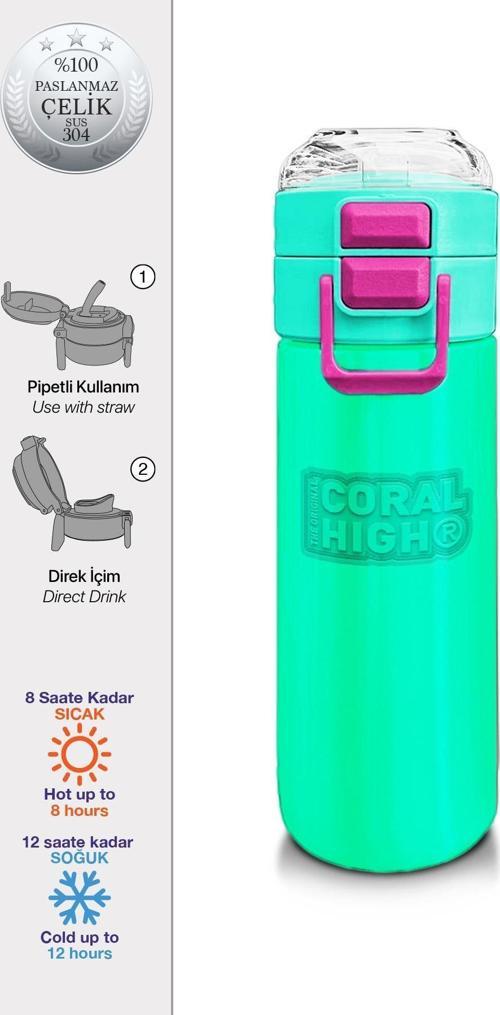 Kids Pembe Su Yeşili Pipetli ve Direkt İçim Çelik Termos 500 ml 31825