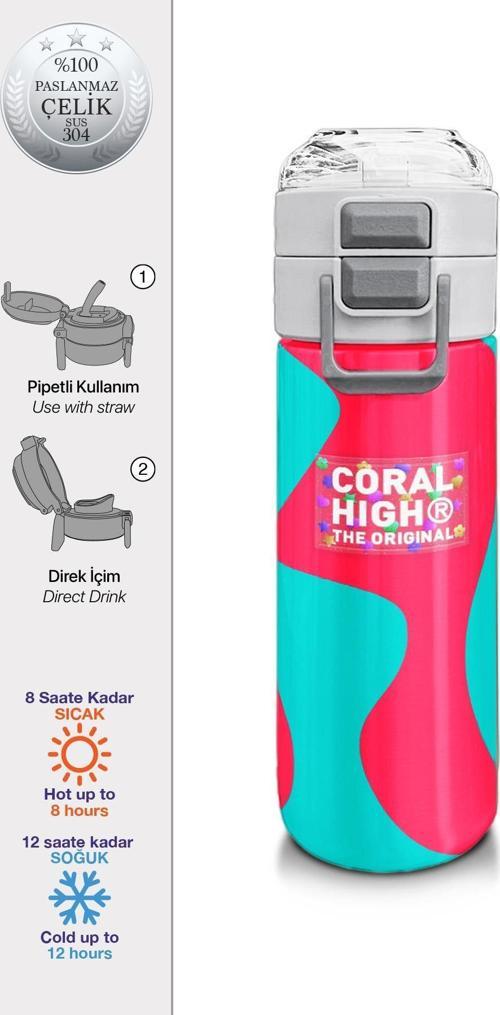 Kids Neon Mercan Turuncu Desenli Pipetli ve Direkt İçim Çelik Termos 500 ml 31885