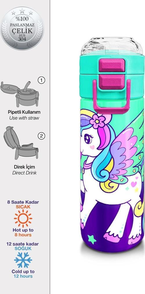 Kids Mor Su Yeşili Unicorn Desenli Pipetli ve Direkt İçim Çelik Termos 500 ml 31805