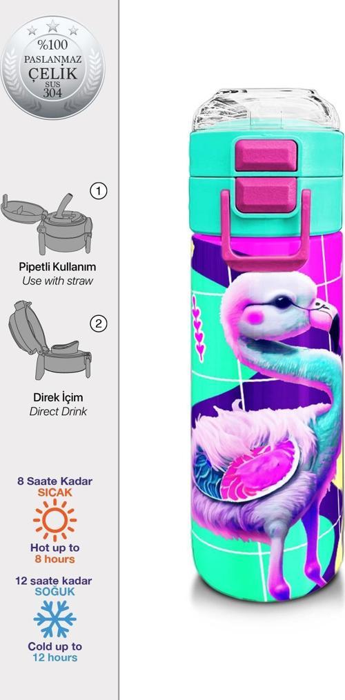 Kids Pembe Su Yeşili Flamingo Desenli Pipetli ve Direkt İçim Çelik Termos 500 ml 31811