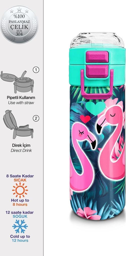Kids Neon Mercan Su Yeşili Flamingo Desenli Pipetli ve Direkt İçim Çelik Termos 500 ml 31819