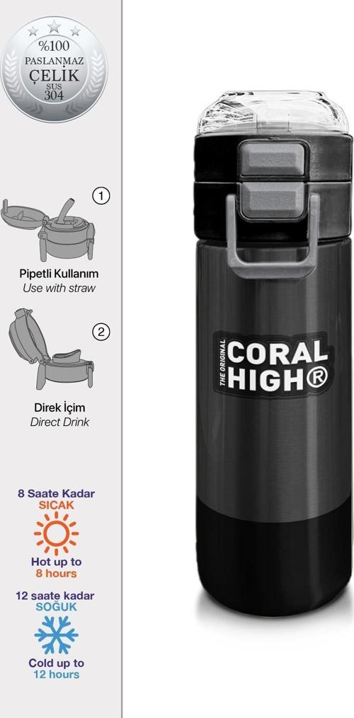 Kids Koyu Gri Siyah Desenli Pipetli ve Direkt İçim Çelik Termos 500 ml 31824