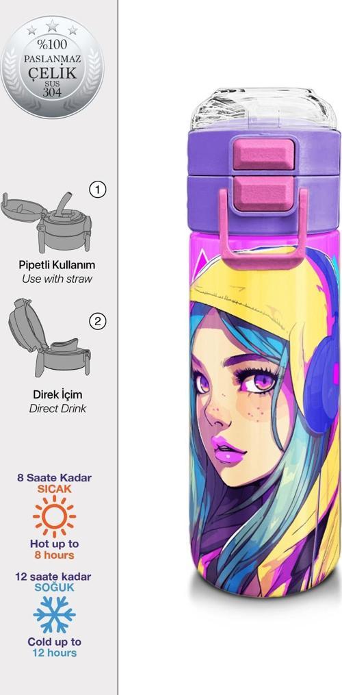 Kids Lavanta Turkuaz Kulaklı Kız Desenli Pipetli ve Direkt İçim Çelik Termos 500 ml 31835