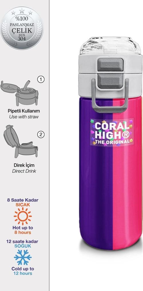 Kids Renkli Çizgili Desenli Pipetli ve Direkt İçim Çelik Termos 500 ml 31874