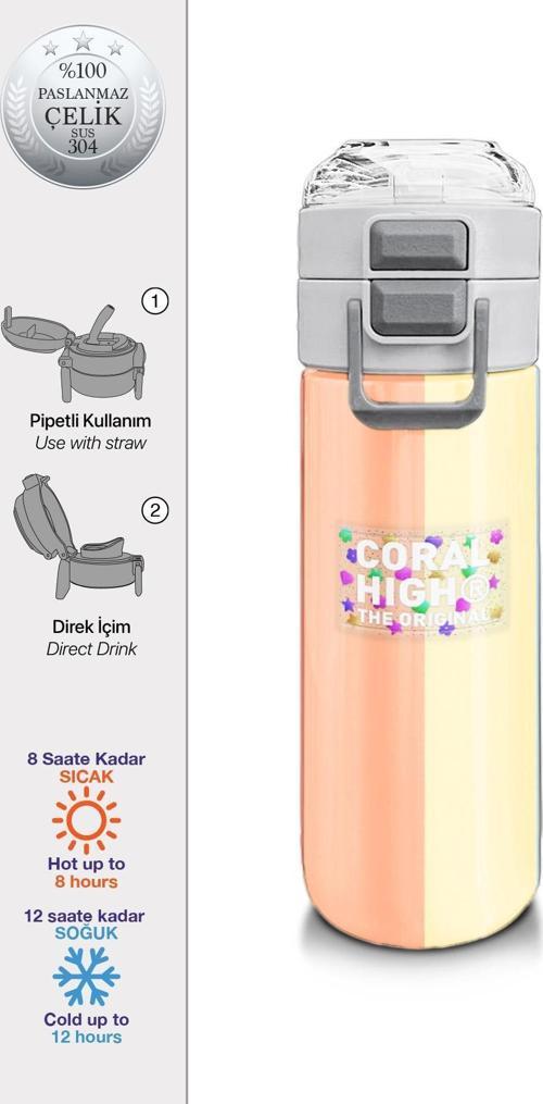 Kids Renkli Çizgili Desenli Pipetli ve Direkt İçim Çelik Termos 500 ml 31880