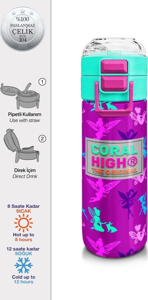 Kids Pembe Su Yeşili Peri Desenli Pipetli ve Direkt İçim Çelik Termos 500 ml 31900