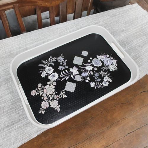 Modern Ethnic Siyah Çiçek Desenli Pleksi Servis Sunum Tepsisi 35*25 Cm Çay Kahve Tepsisi 