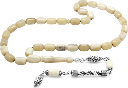 Kararmaz Metal Gümüş Halat Püsküllü Kapsül Kesim Naturel Renk Deve Kemiği Tesbih