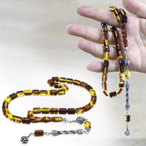 Kararmaz Metal Halat Püsküllü Kapsül Kesim Sarı - Siyah Fosilli Beyrut Kehribar Tesbih