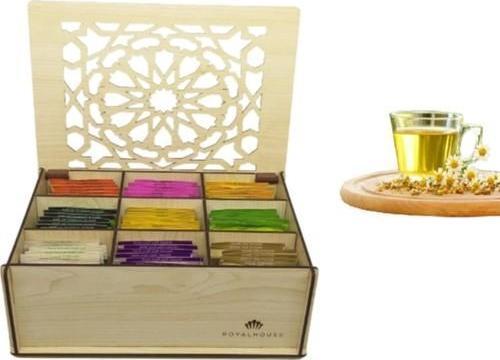 Ahşap Akçaağaç Renk Çay Kutusu 9 Bölmeli Kapaklı Bitki Çayı Saklama Kabı ( Çaylar Dahil) Tea Box
