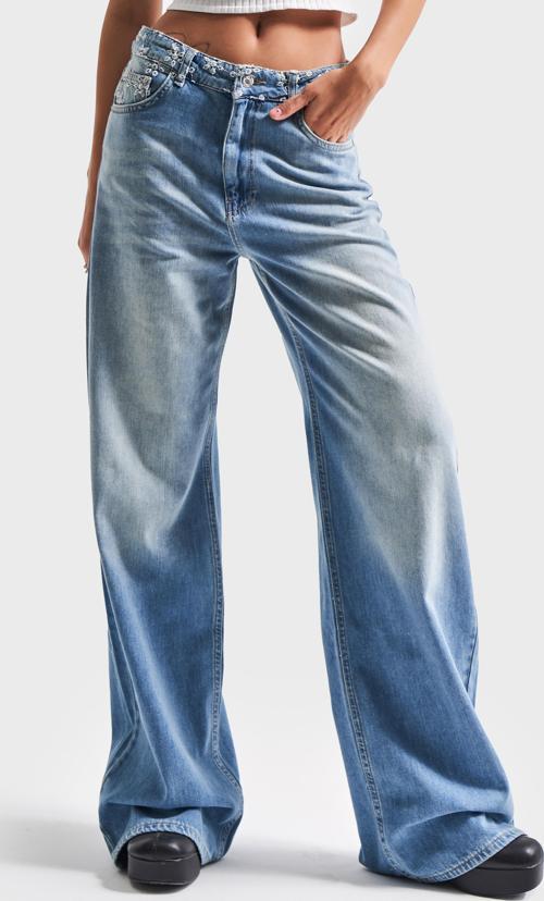 Kadın Kot Rengi 2S5-75 Midrise Wide Leg Kemeri Çiçek Nakışlı %100 Koton Tasarım Denim Jean