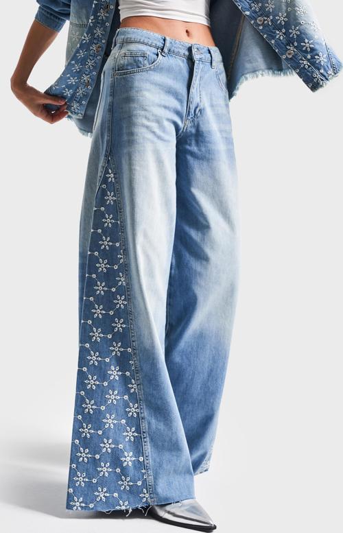 Kadın Mavi Kot Rengi 2S5-75 Çiçek Nakışlı Palazzo Fit %100 Koton Tasarım Denim Jean