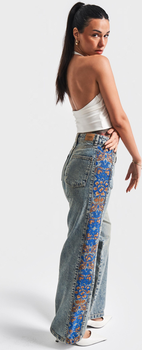 Kadın T.Kot Rengi 4S5-32 Yandan Nakışlı Straight Fit Yüksek Bel Tasarım Denim Jean