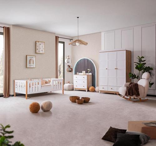 Berlin Meşe Çocuk Odası, Ceviz Berlin 3 Kapaklı Dolap Şifonyer Berlin Karyola