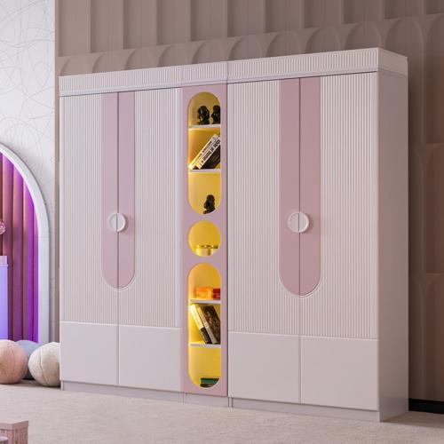 Gardırop, Vira 4 Kapaklı Dolap ve Ledli Kitaplık - Pembe