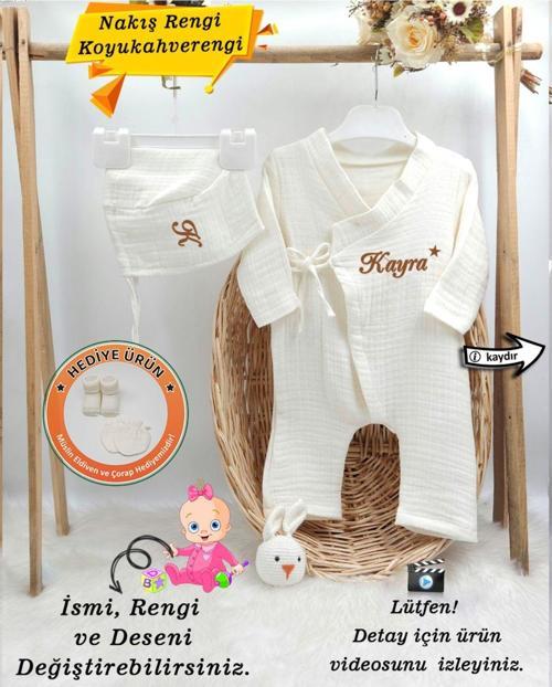 Müslin 2'li Kimono Bağcıklı  Tulum %100 Pamuk Organik (Kişiye Özgü İsimli Nakış Desenli)
