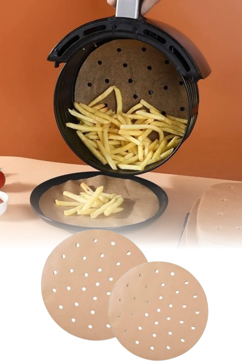 50'li Kahverengi Delikli Yuvarlak Airfryer Pişirme Kağıdı Yağsız Fritöz Uyumlu 20.5 cm