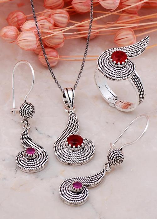 Telkari Tasarım Kök Yakut Taşlı Elişi Gümüş Set 05