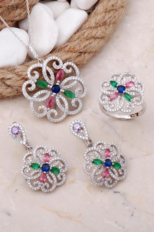 Çiçek Tasarım Rodyumlu Gümüş Set 23