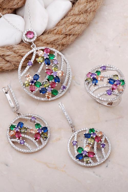 Çiçek Tasarım Rodyumlu Gümüş Set 24