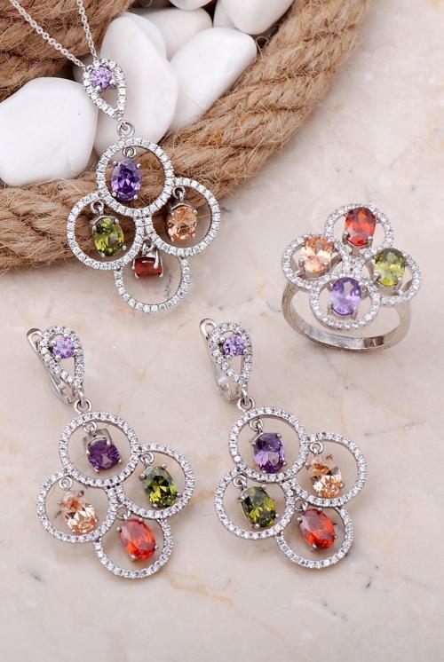 Renkli Tasarım Rodyumlu Gümüş Set 26