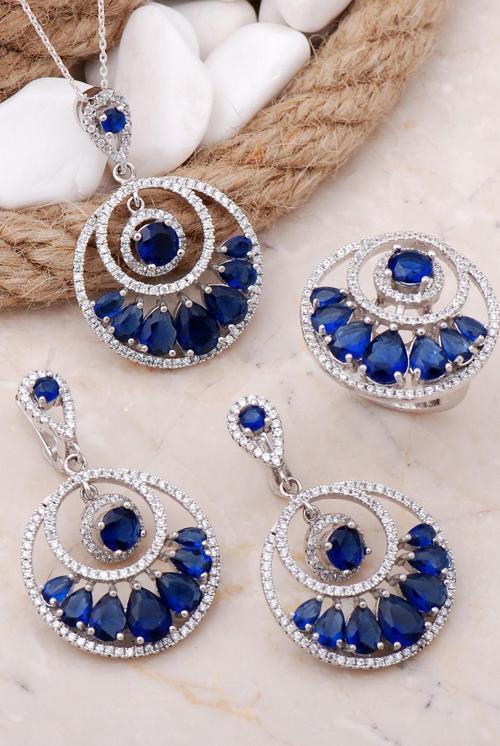 Safir Taşlı Tasarım Rodyumlu Gümüş Set 28