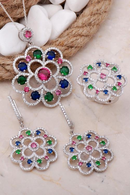 Çiçek Tasarım Rodyumlu Gümüş Set 29