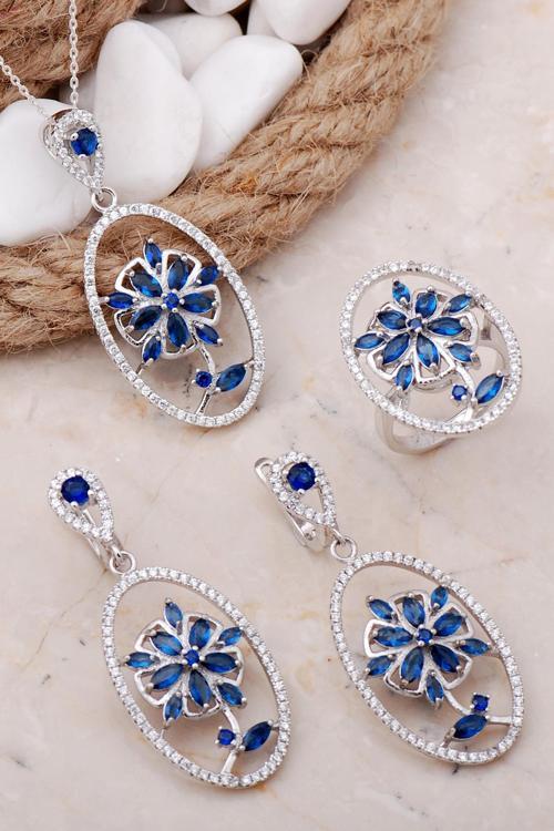 Safir Taşlı Çiçek Tasarım Rodyumlu Gümüş Set 30