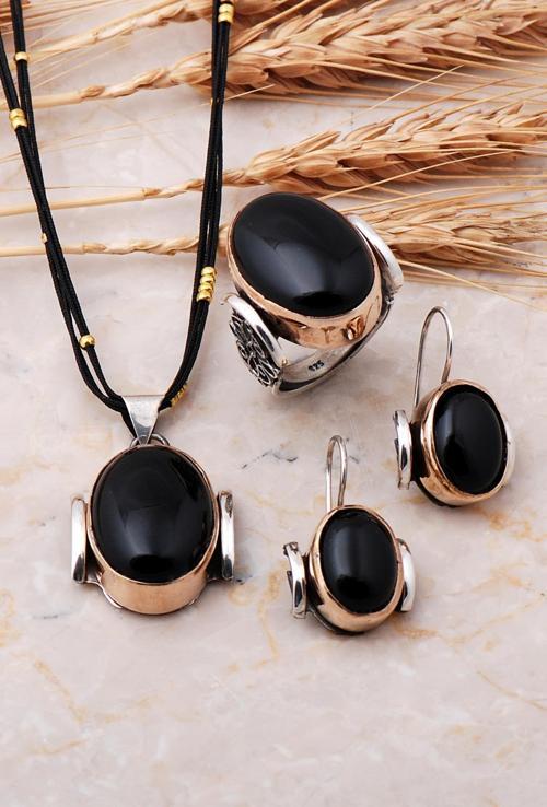 Oltu Taşlı Çekiç Dövme El Yapımı Gümüş Set 1027