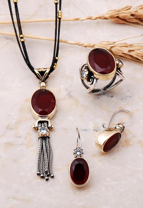 Kök Yakut Taşlı Tasarım Gümüş Set 1891