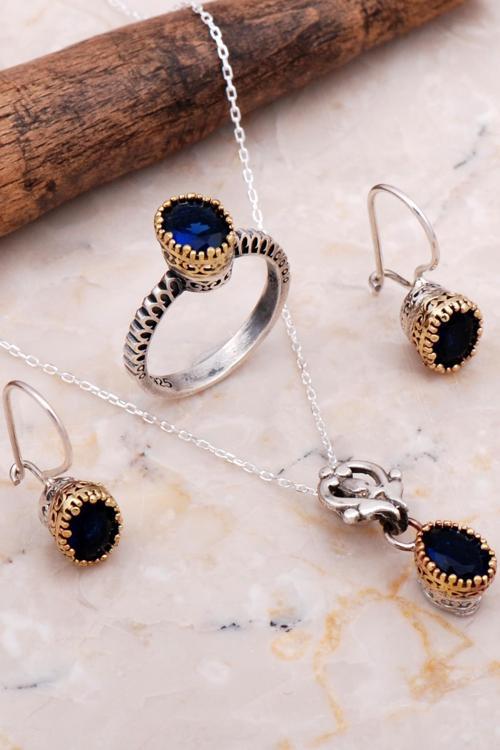 Safir Taşlı Elişi Gümüş Tasarım Set 2052