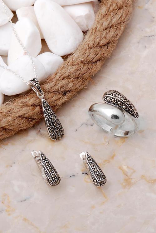 Markazit Taşlı Damla Gümüş Set 2136