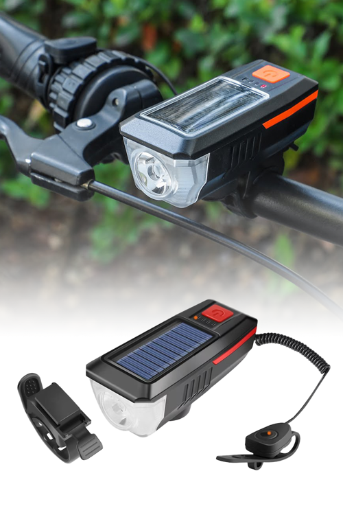 Güneş Enerjili Bisiklet Farı USB Şarjlı Kornalı LED Scooter Feneri Su Geçirmez
