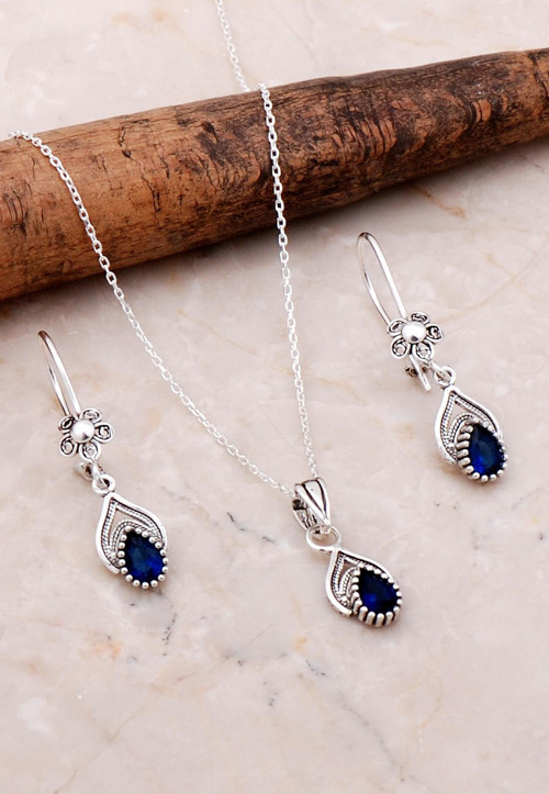 Telkari İşlemeli Gümüş Elişi Safir Set 2194