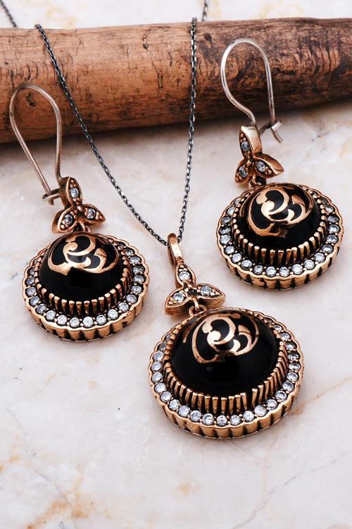 Doğal Oltu Taşlı Tasarım Gümüş Set 2207