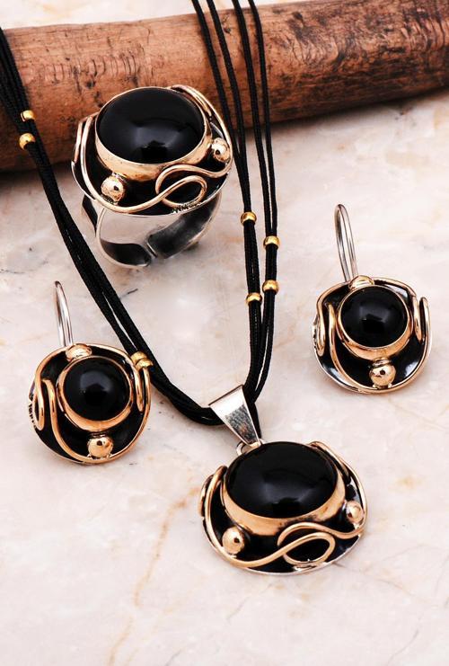 Oniks Taşlı Elişi Gümüş Set 2297